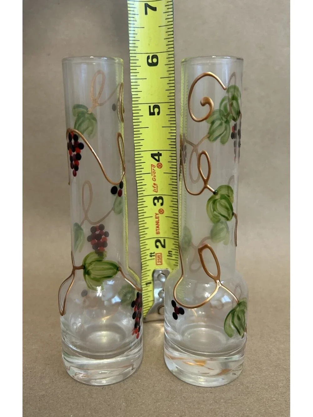 Pair of hand painted bud vases - gold toned vines, leaves and grapes